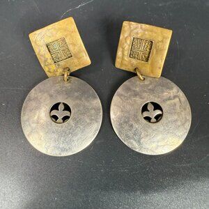 Marjorie Baer MBSF Pierced Earrings Mixed Metals Dangle Filigree Fleur-De-Lis